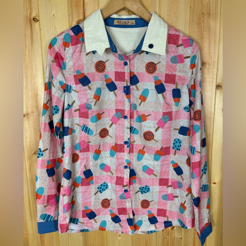 Elf Sack Women’s Novelty Button Front Shirt Sz XL Popsicle lollipop Candy Summer